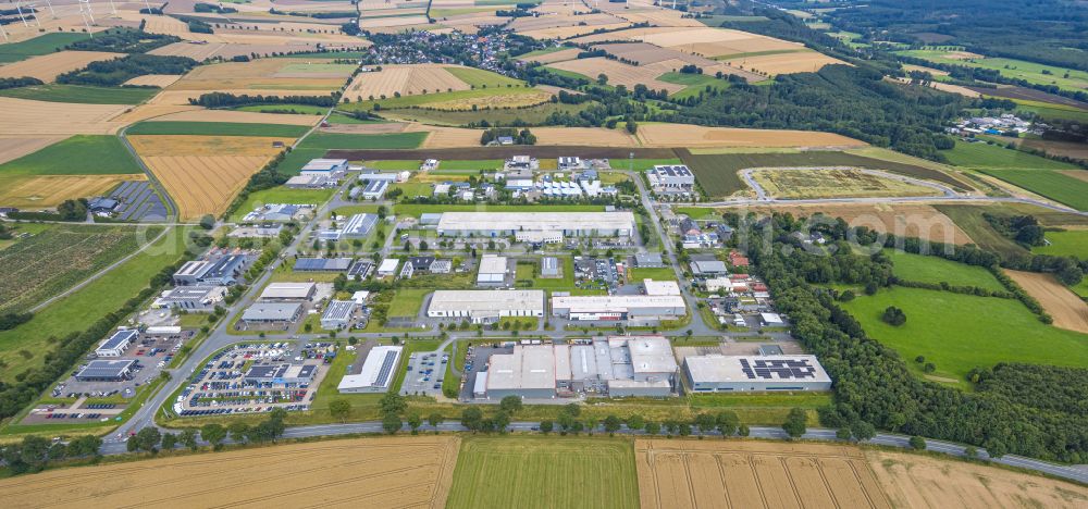 Warstein from the bird's eye view: Industrial estate and company settlement Max-Eyth-Strasse - Friedrich-Harkort-Strasse - Walter-Rathenau-Ring in the district Belecke in Warstein in the state North Rhine-Westphalia, Germany