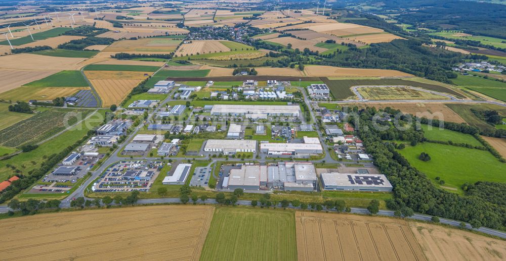 Aerial image Warstein - Industrial estate and company settlement Max-Eyth-Strasse - Friedrich-Harkort-Strasse - Walter-Rathenau-Ring in the district Belecke in Warstein in the state North Rhine-Westphalia, Germany