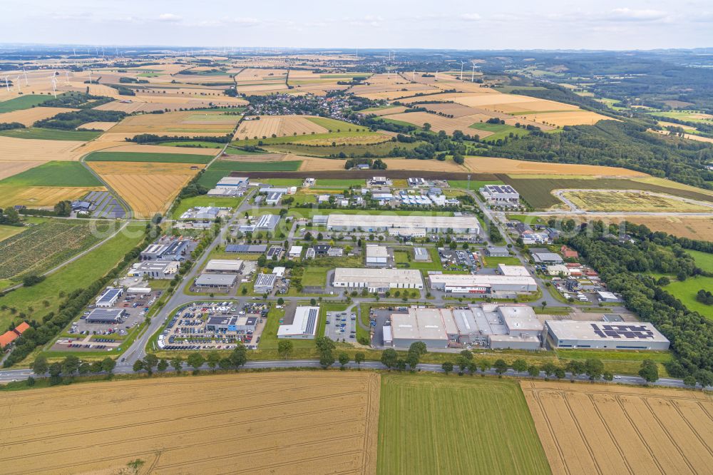 Aerial photograph Warstein - Industrial estate and company settlement Max-Eyth-Strasse - Friedrich-Harkort-Strasse - Walter-Rathenau-Ring in the district Belecke in Warstein in the state North Rhine-Westphalia, Germany