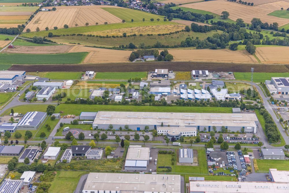 Warstein from above - Industrial estate and company settlement Max-Eyth-Strasse - Friedrich-Harkort-Strasse - Walter-Rathenau-Ring in the district Belecke in Warstein in the state North Rhine-Westphalia, Germany