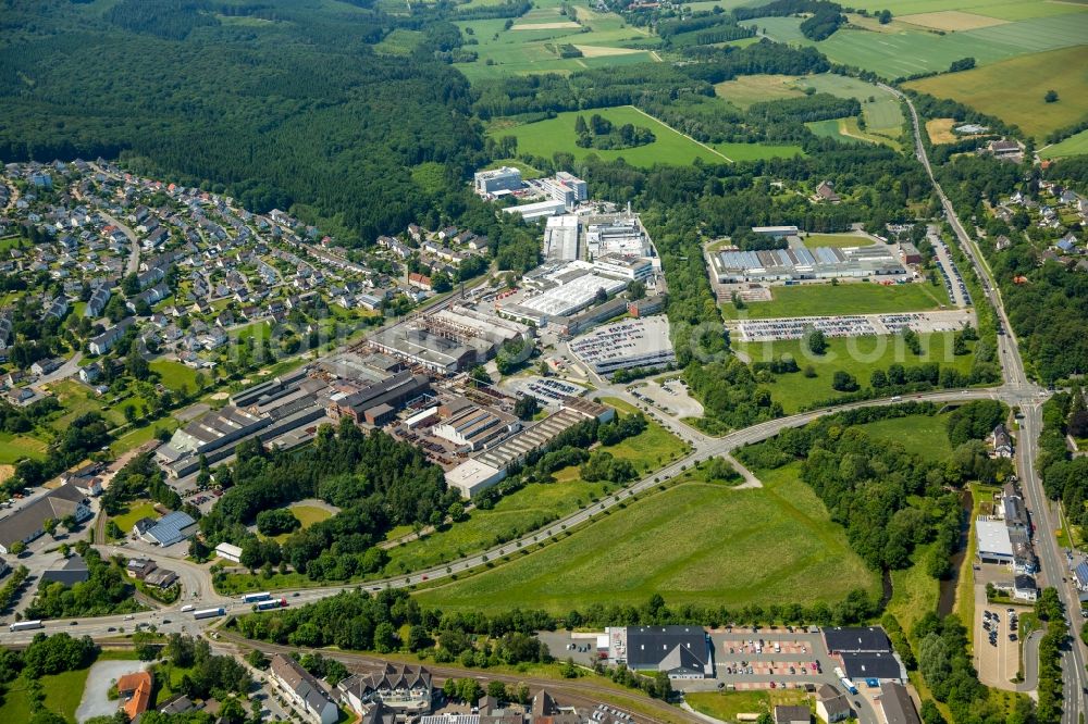 Warstein from above - Commercial area and business establishment at the Max-Planck-Strasse in Warstein in North Rhine-Westphalia. Here sits et al the semiconductor business of Infineon Technologies AG Warstein, the AEG Power Solutions GmbH and the Siepmann - works GmbH & Co KG