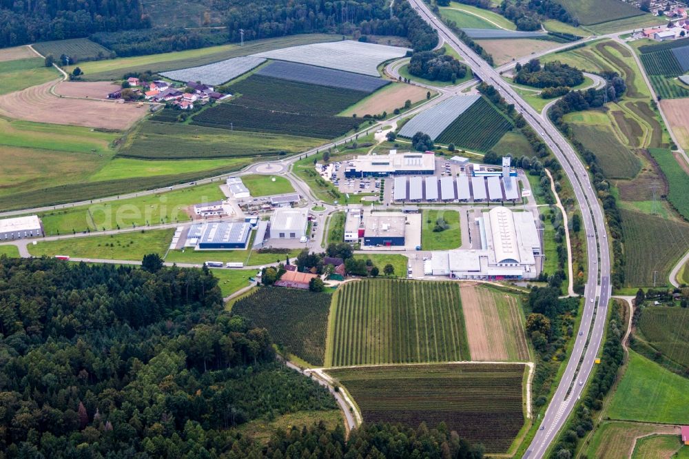 Stockach from above - Industrial estate and company settlement with MEGA Stockach Das Fach-Zentrum for the Metzgerei and Gastronomie GmbH in Stockach in the state Baden-Wurttemberg, Germany