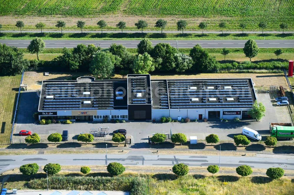 Aerial photograph Woldegk - Industrial estate and company settlement Muehlenblick in Woldegk in the state Mecklenburg - Western Pomerania, Germany