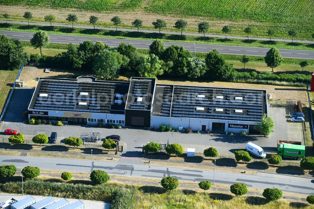 Woldegk from above - Industrial estate and company settlement Muehlenblick in Woldegk in the state Mecklenburg - Western Pomerania, Germany