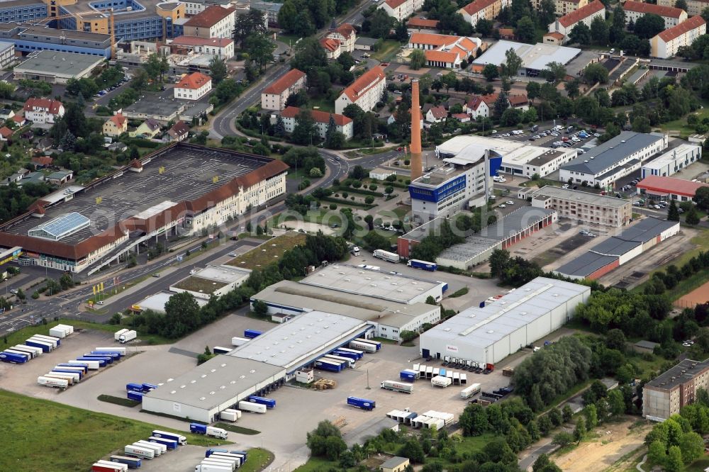 Aerial image Eisenach - In the commercial area Muehlhaeuser Road in Eisenach in Thuringia have the logistics company Ravens and the ATU Auto Repair their establishment. Marktkauf operates a supermarket here