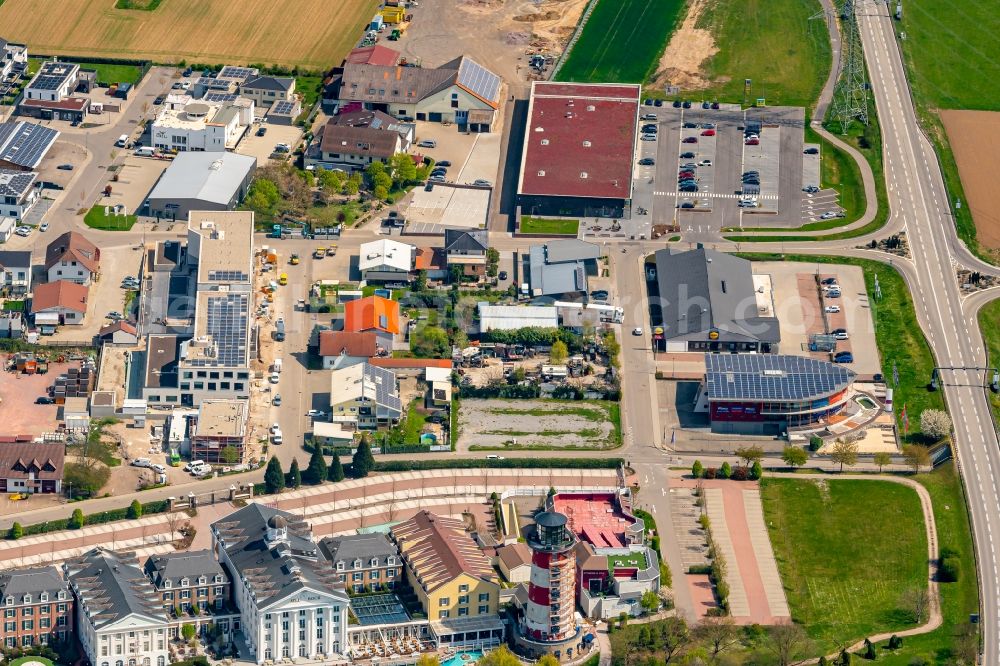 Rust from the bird's eye view: Industrial estate and company settlement Mischgebiet in Rust in the state Baden-Wuerttemberg, Germany