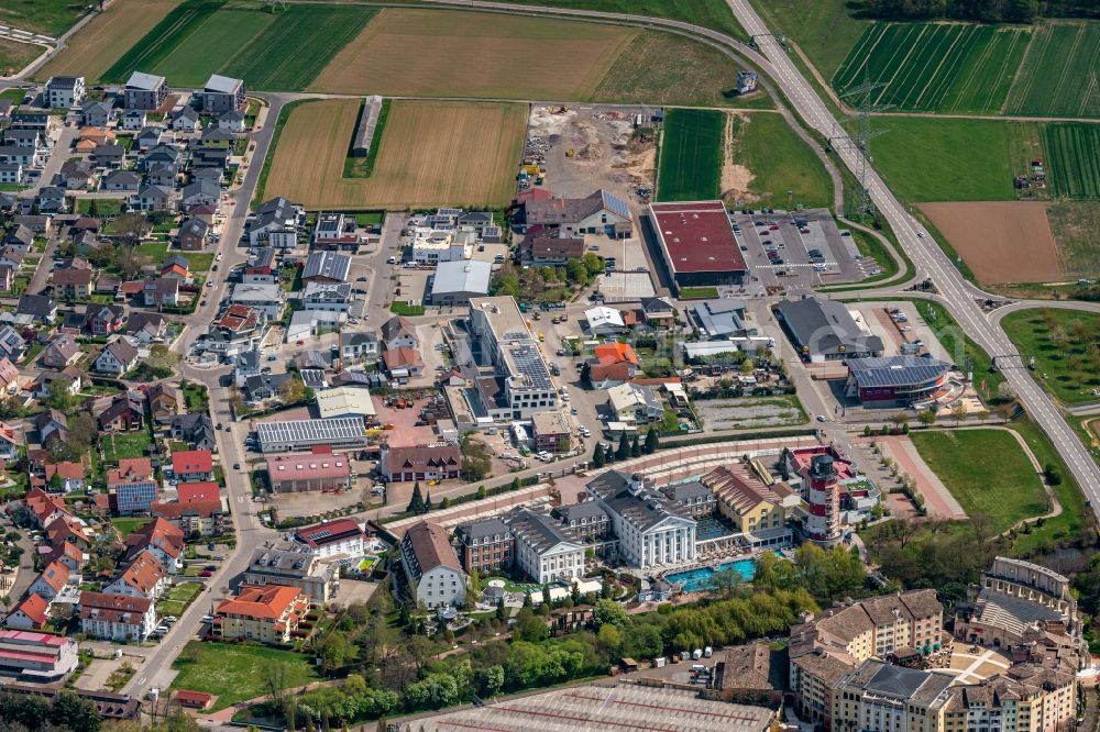 Rust from above - Industrial estate and company settlement Mischgebiet in Rust in the state Baden-Wuerttemberg, Germany