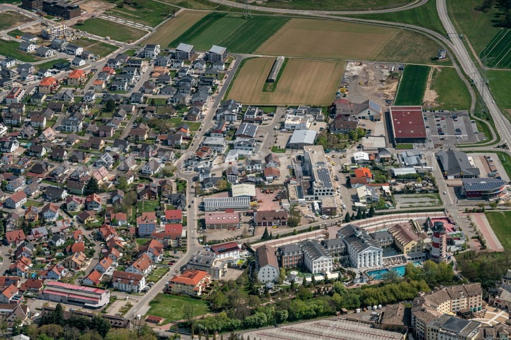 Rust from the bird's eye view: Industrial estate and company settlement Mischgebiet in Rust in the state Baden-Wuerttemberg, Germany