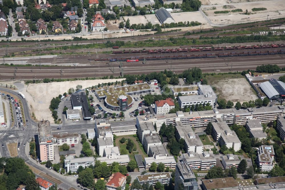 Aerial photograph München - Commercial area and companies settling at the Landsberger Strasse in Munich Pasing in Bavaria. In the center a Nissan car showroom