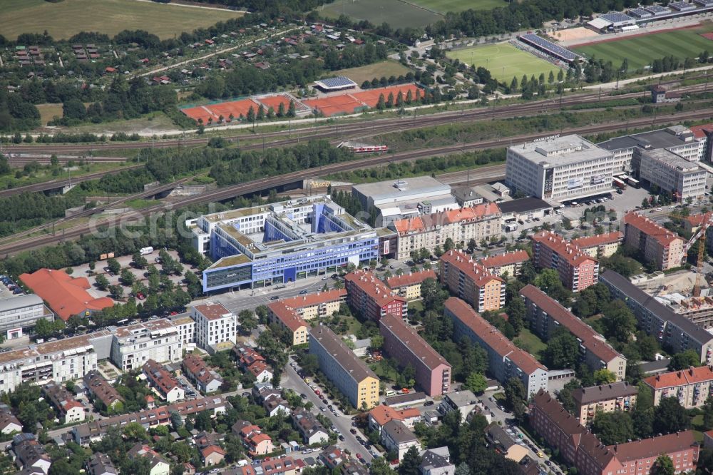 München from the bird's eye view: Commercial area and companies settling at the Landsberger Strasse in Munich Pasing in Bavaria