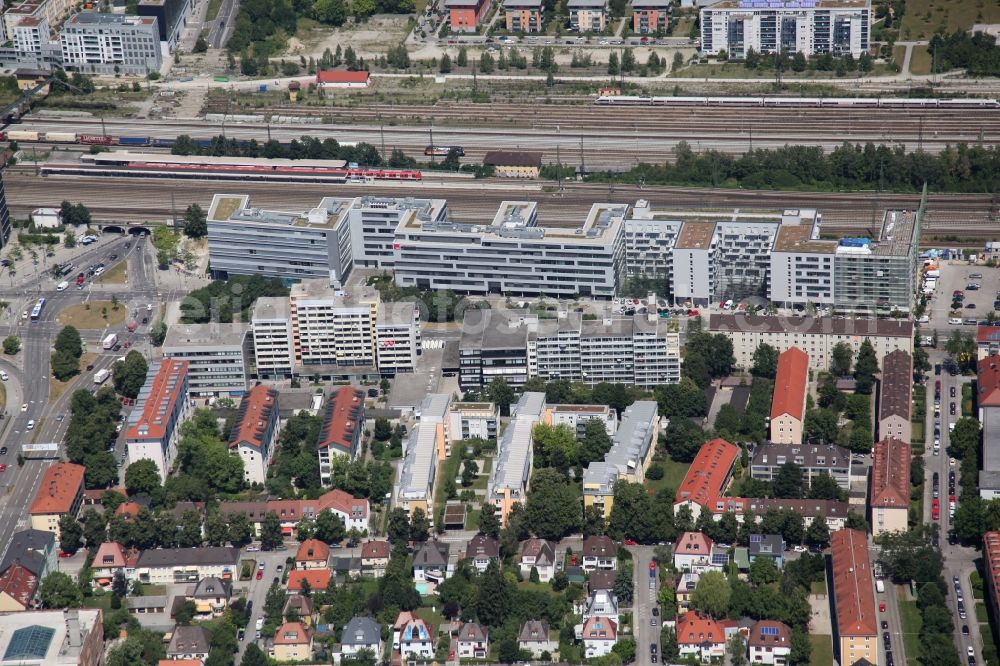 München from the bird's eye view: Commercial area and companies settling at the Landsberger Strasse in Munich Pasing in Bavaria