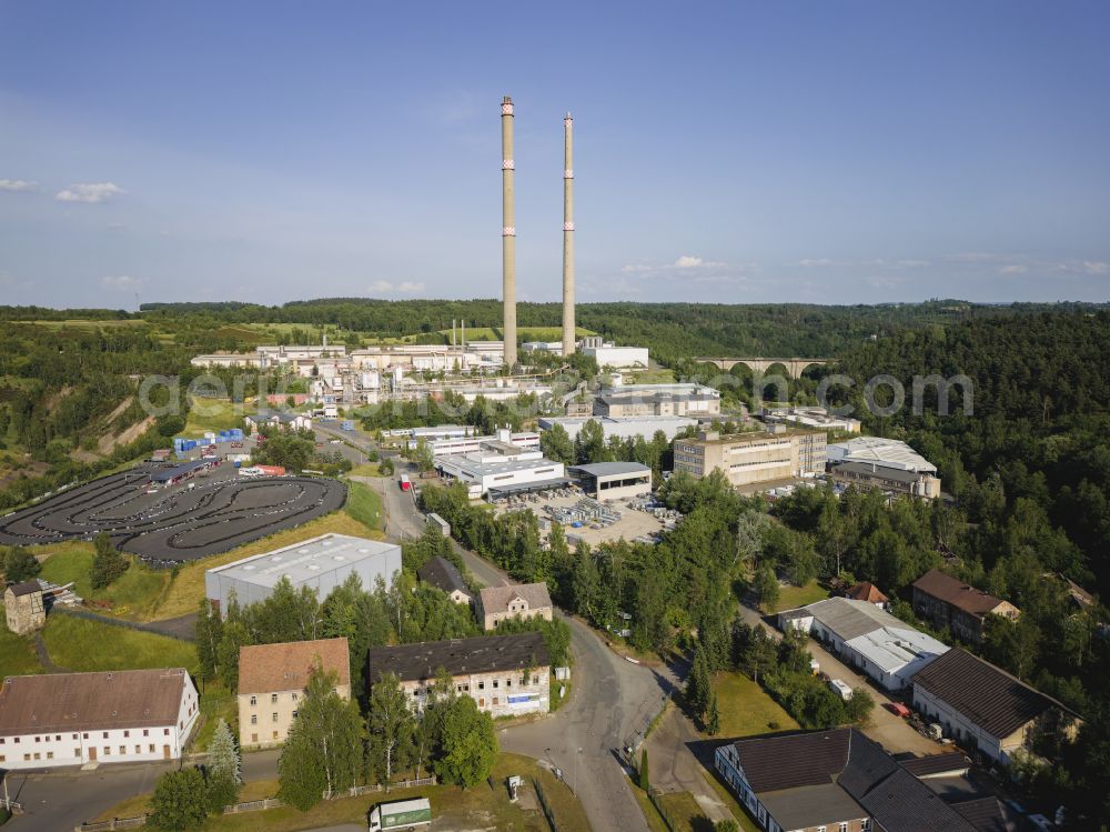 Aerial image Freiberg - Muldenhuetten is an industrial area that has been part of Freiberg since January 1, 2012. It is located directly on the right bank of the Freiberger Mulde. The town has been shaped by metallurgy for almost 700 years, in Freiberg in the state of Saxony, Germany