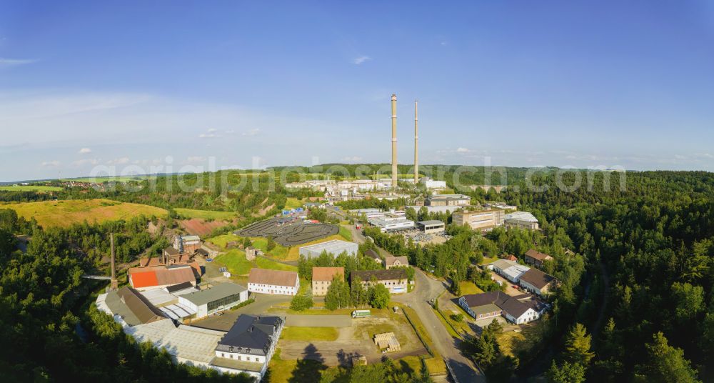 Freiberg from above - Muldenhuetten is an industrial area that has been part of Freiberg since January 1, 2012. It is located directly on the right bank of the Freiberger Mulde. The town has been shaped by metallurgy for almost 700 years, in Freiberg in the state of Saxony, Germany