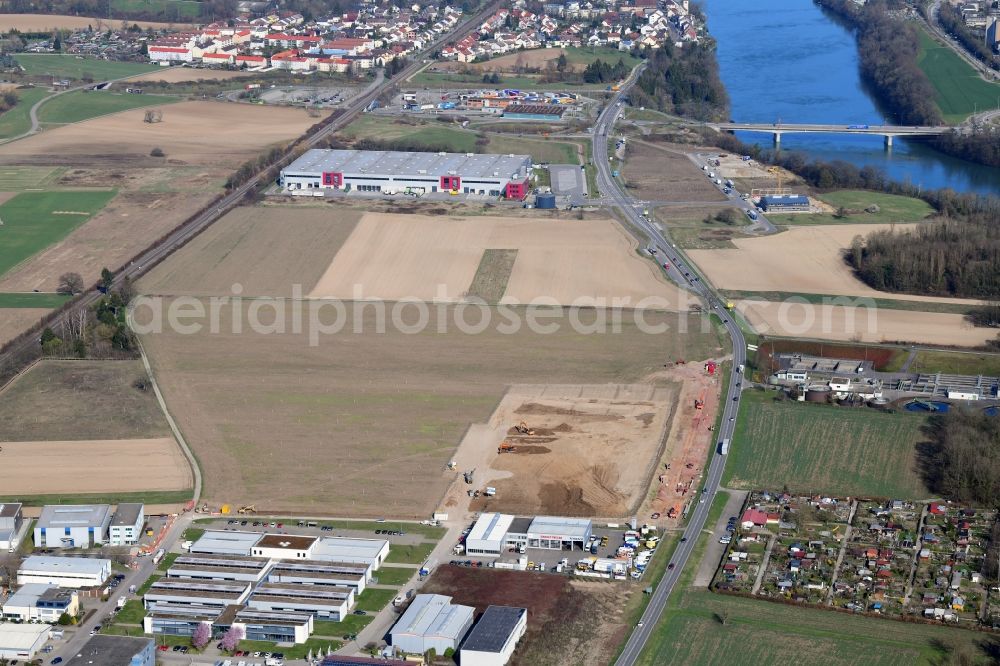 Rheinfelden (Baden) from above - Earthworks in the industrial area for the company administration building of the Pharmaceutical Company Fisher Clinical Services in the district Herten in Rheinfelden (Baden) in the state Baden-Wurttemberg, Germany