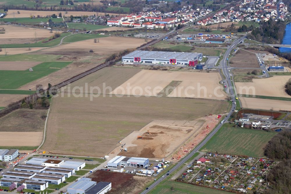 Rheinfelden (Baden) from the bird's eye view: Earthworks in the industrial area for the company administration building of the Pharmaceutical Company Fisher Clinical Services in the district Herten in Rheinfelden (Baden) in the state Baden-Wurttemberg, Germany