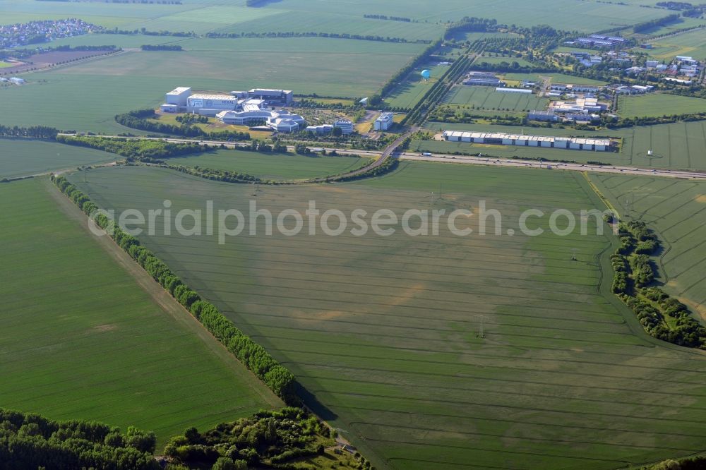 Barleben from above - Commercial and industrial area in the South of Barleben and the North of the federal motorway A2 in the state of Saxony-Anhalt. The borough is located in the North of Magdeburg and is an important economy location. The pharmaceutical companies Salutas Pharma GmbH and Hexal AG are located in a commercial and industrial area along Otto-Von-Guericke-Allee and directly adjacent to the A2