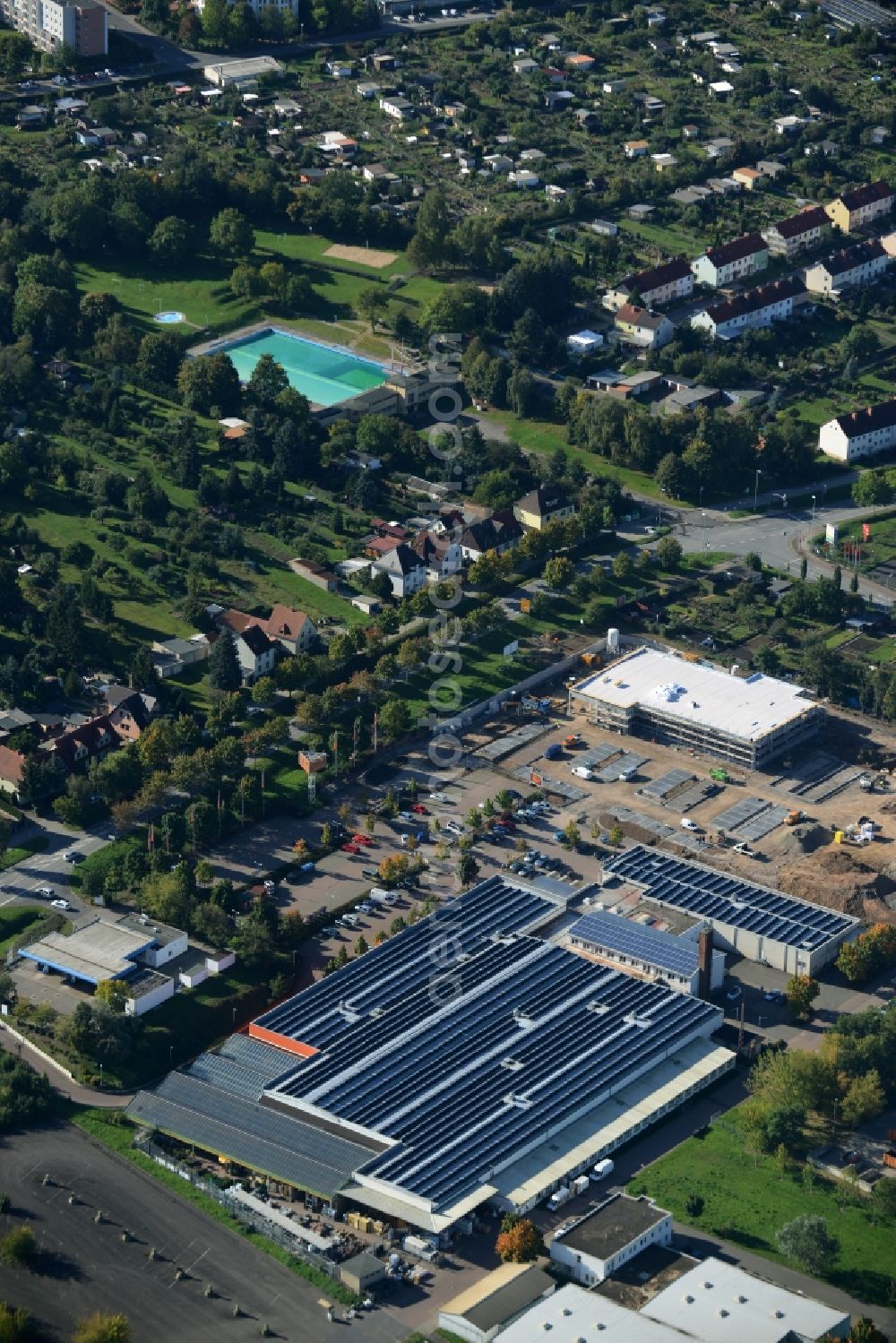 Sangerhausen from above - Industrial estate and OBI harware store on Oststrasse in Sangerhausen in the state of Saxony-Anhalt