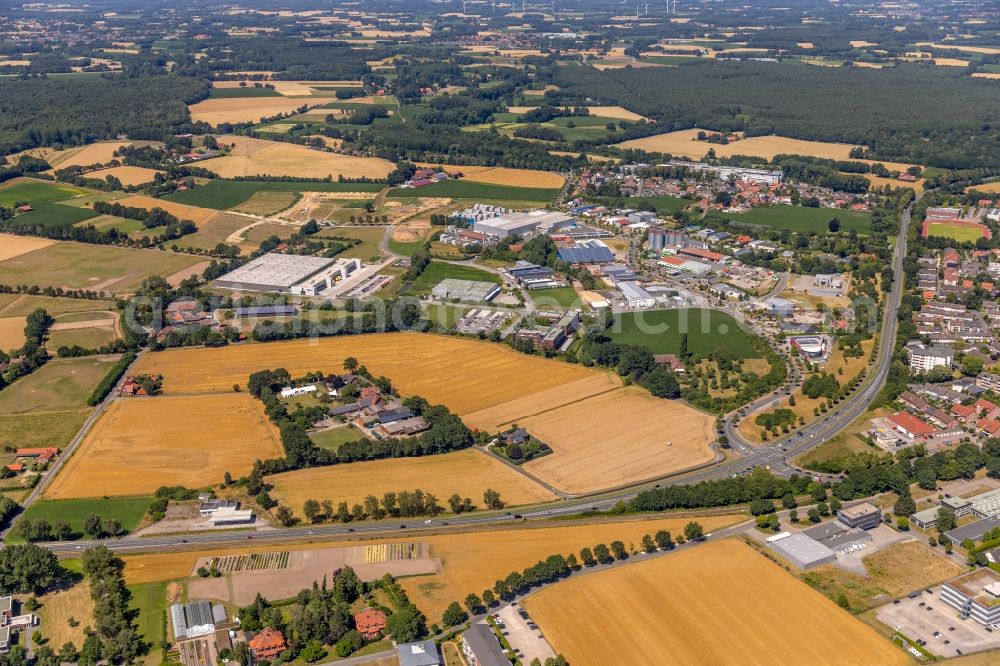 Aerial image Telgte - Industrial estate and company settlement Orkotten 3 at the Hans-Geiger-Strasse in Telgte in the state North Rhine-Westphalia, Germany