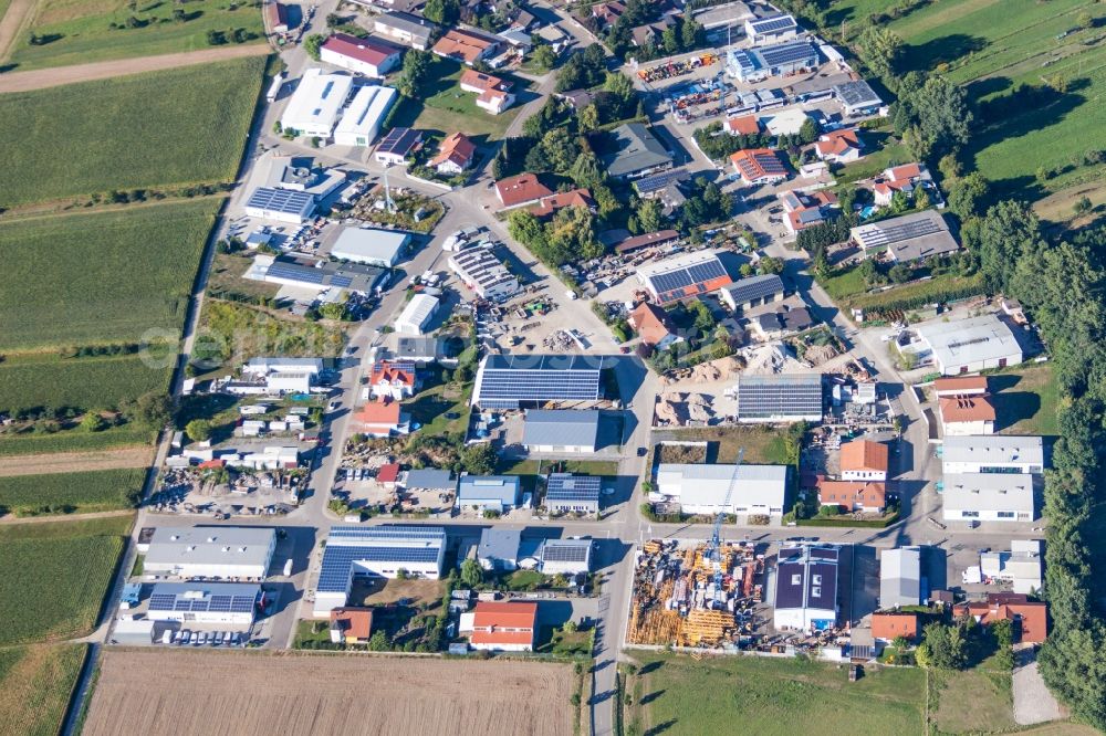 Dettenheim from the bird's eye view: Industrial estate and company settlement South in the district Liedolsheim in Dettenheim in the state Baden-Wuerttemberg, Germany