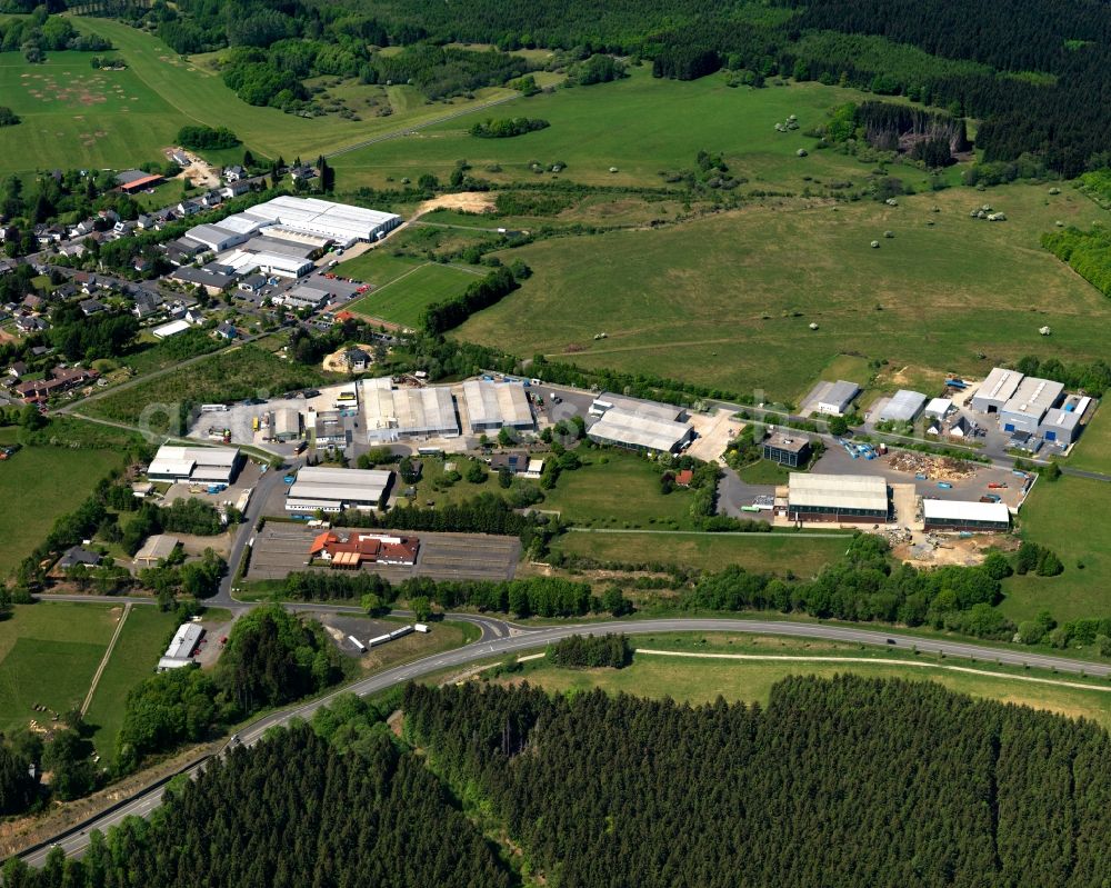 Norken from above - Commercial area in the East of the borough of Norken in the state of Rhineland-Palatinate. The borough is located in the county district and region of Westerwald. A commerce area is located in its East, including several companies, factories and storage halls. It is located adjacent to federal highway B 414