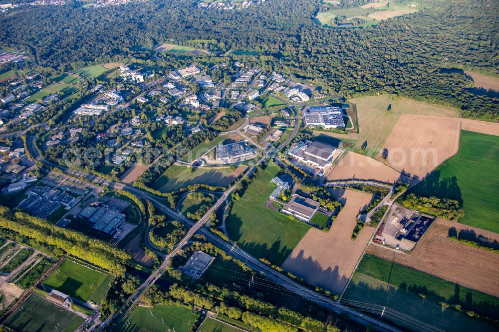 Illkirch-Graffenstaden from the bird's eye view: Industrial estate and company settlement Le Parc d'innovation Strasbourg with Institute Clinique De La Souris, I.G.B.M.C. - Institut de genetique et de biologie moleculaire et cellulaire, Transgene S.A. and Thermo Fisher Scientific on street Boulevard Gonthier d'Andernach in Illkirch-Graffenstaden in Grand Est, France