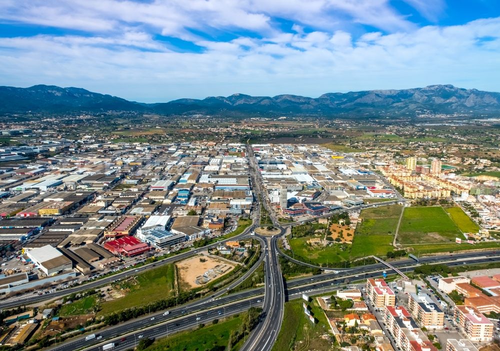 Aerial photograph Palma - Commercial area and company settlement PolA?gono Industrial Son CastellA? in the district S'Indioteria in Palma in the Balearic island of Mallorca, Spain