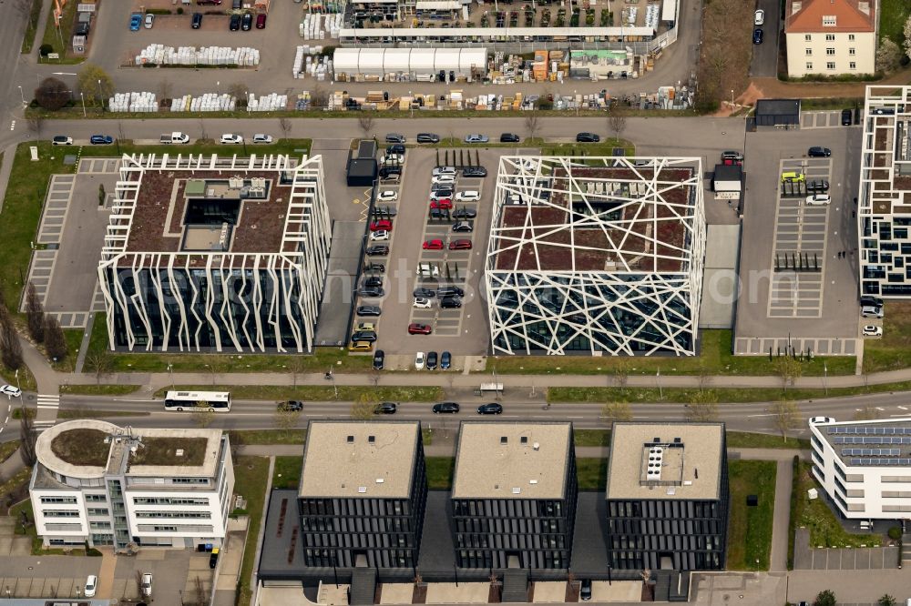 Heilbronn from the bird's eye view: Industrial estate and company settlement Qbig Gewerbe and Innovations Park in Heilbronn in the state Baden-Wuerttemberg, Germany