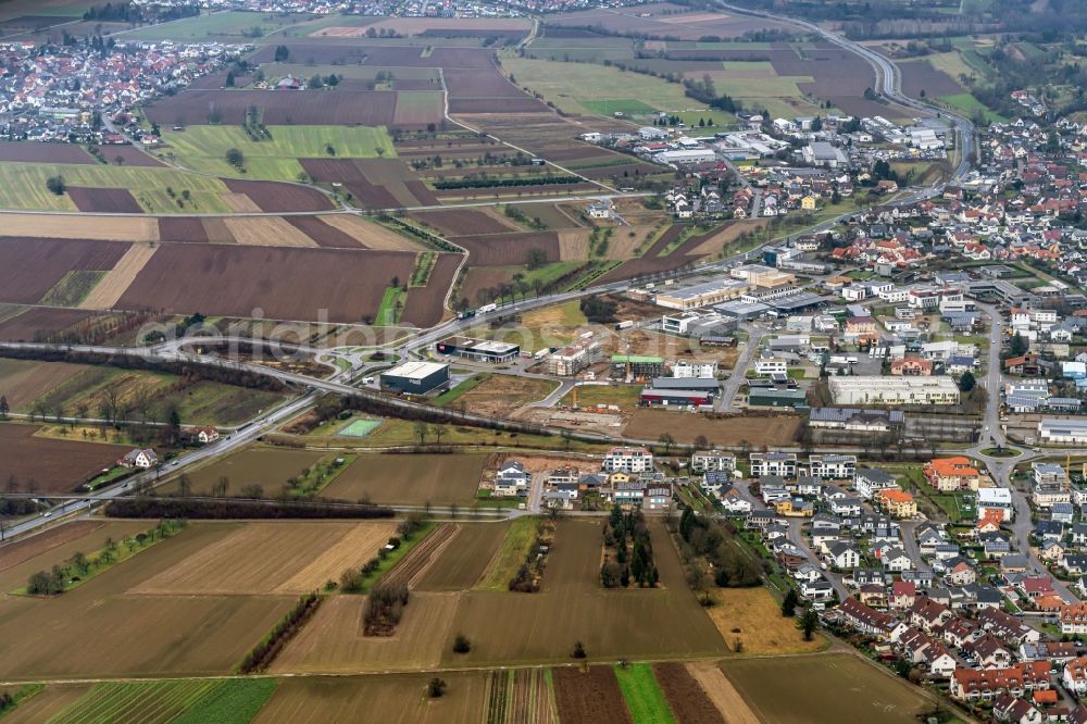 Ettenheim from above - Industrial estate and company settlement Radackern 4, in Ettenheim in the state Baden-Wurttemberg, Germany