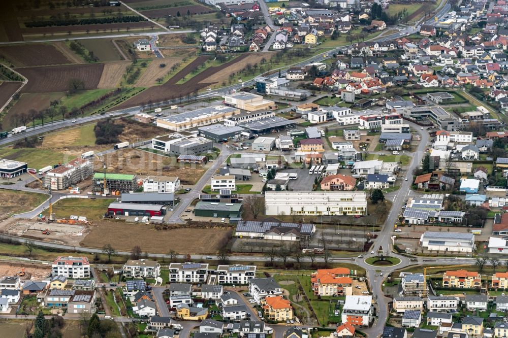 Ettenheim from the bird's eye view: Industrial estate and company settlement Radackern, in Ettenheim in the state Baden-Wurttemberg, Germany