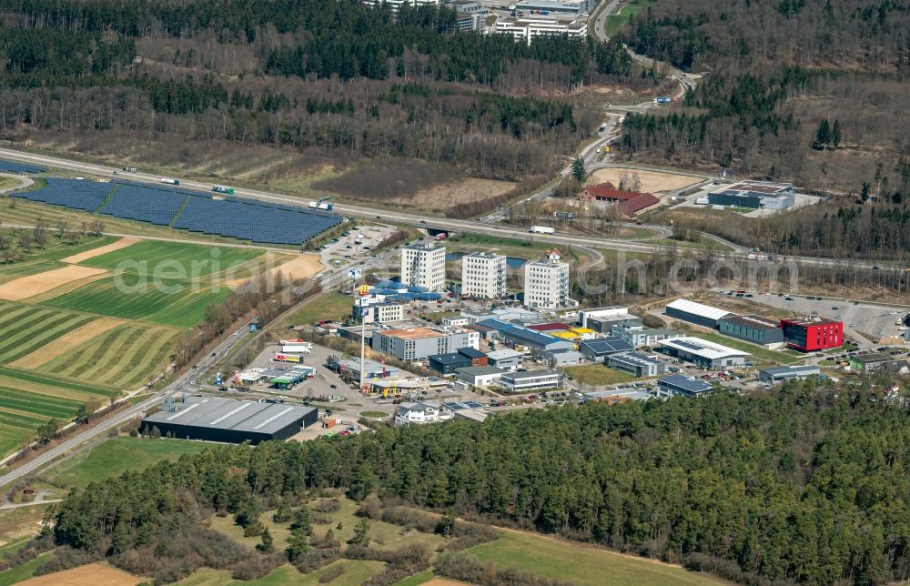 Aerial photograph Heimsheim - Industrial estate and company settlement und Rastanlage on BAB A8 in Heimsheim in the state Baden-Wuerttemberg, Germany