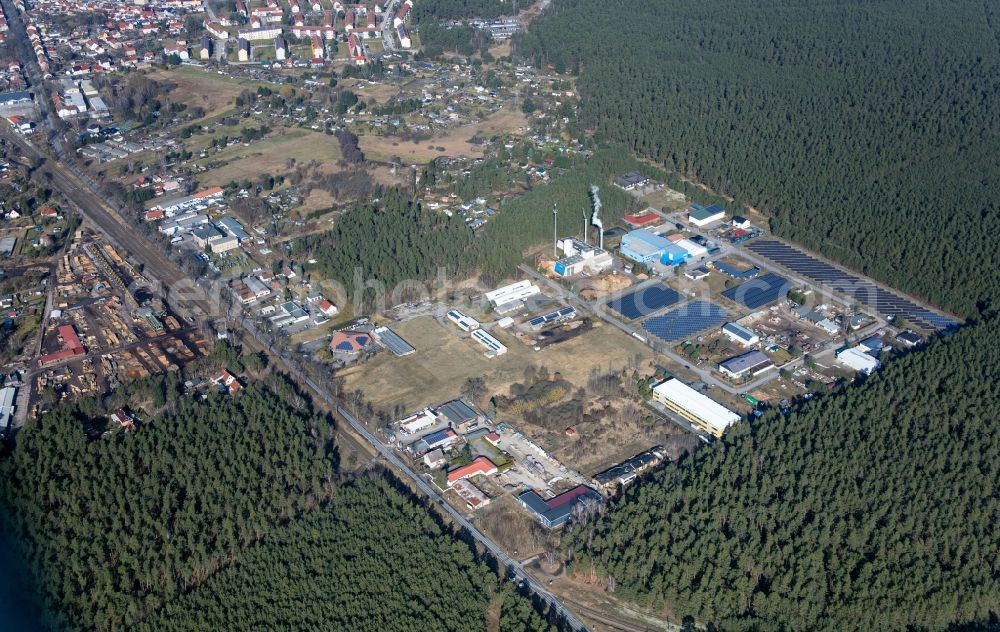 Rheinsberg from the bird's eye view: Industrial estate and company settlement in Rheinsberg in the state Brandenburg, Germany