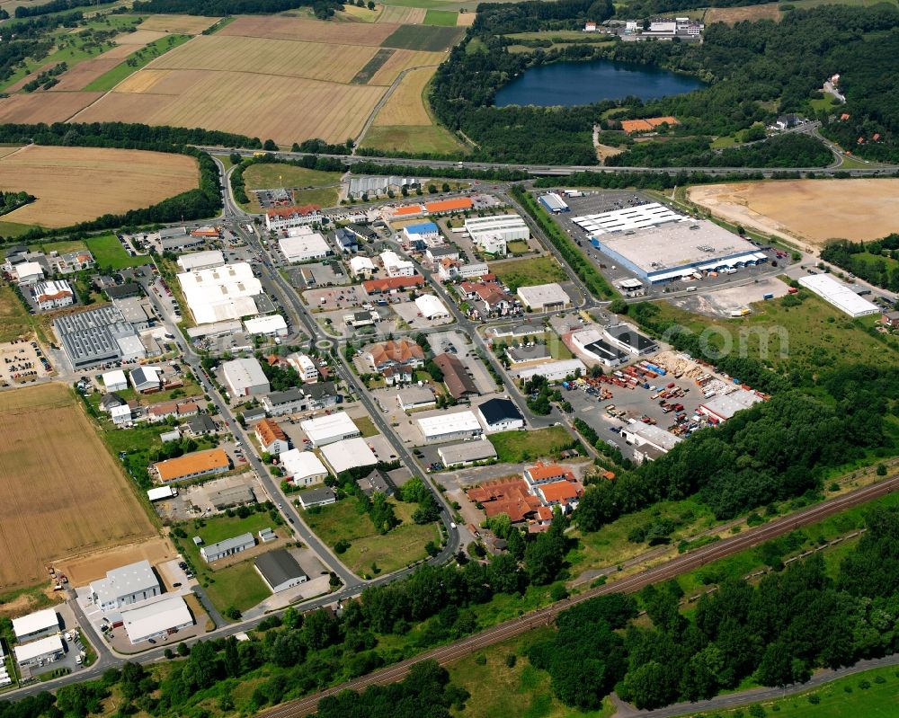 Linden from above - Industrial estate and company settlement on Robert-Bosch-Strasse in the district Grossen-Linden in Linden in the state Hesse, Germany