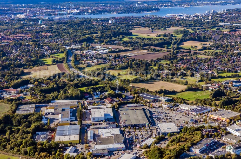 Schwentinental from above - Industrial estate and company settlement rund um das Einkaufszentrum Baltic Center on street Liebigstrasse in Schwentinental in the state Schleswig-Holstein, Germany