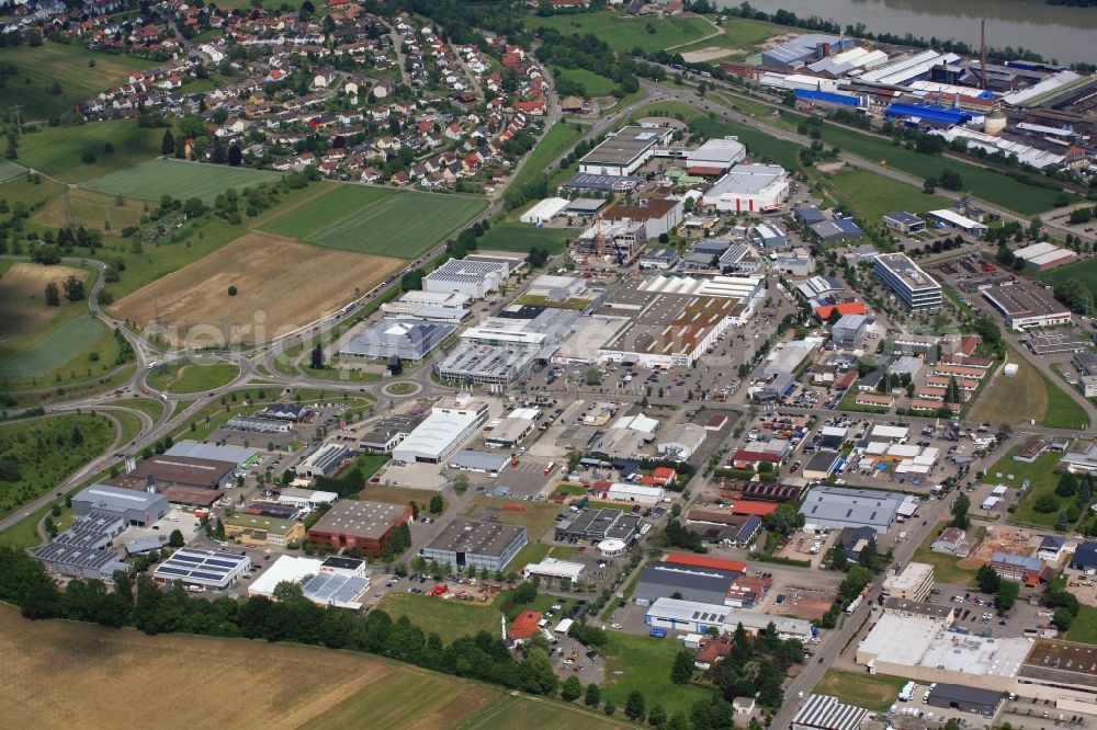 Rheinfelden (Baden) from the bird's eye view: Industrial estate and company settlement Schildgasse in Rheinfelden (Baden) in the state Baden-Wuerttemberg, Germany