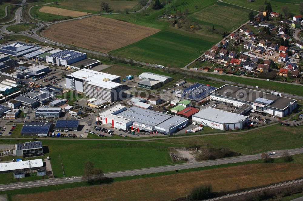 Rheinfelden (Baden) from the bird's eye view: Industrial estate and company settlement Schildgasse in Rheinfelden (Baden) in the state Baden-Wuerttemberg, Germany