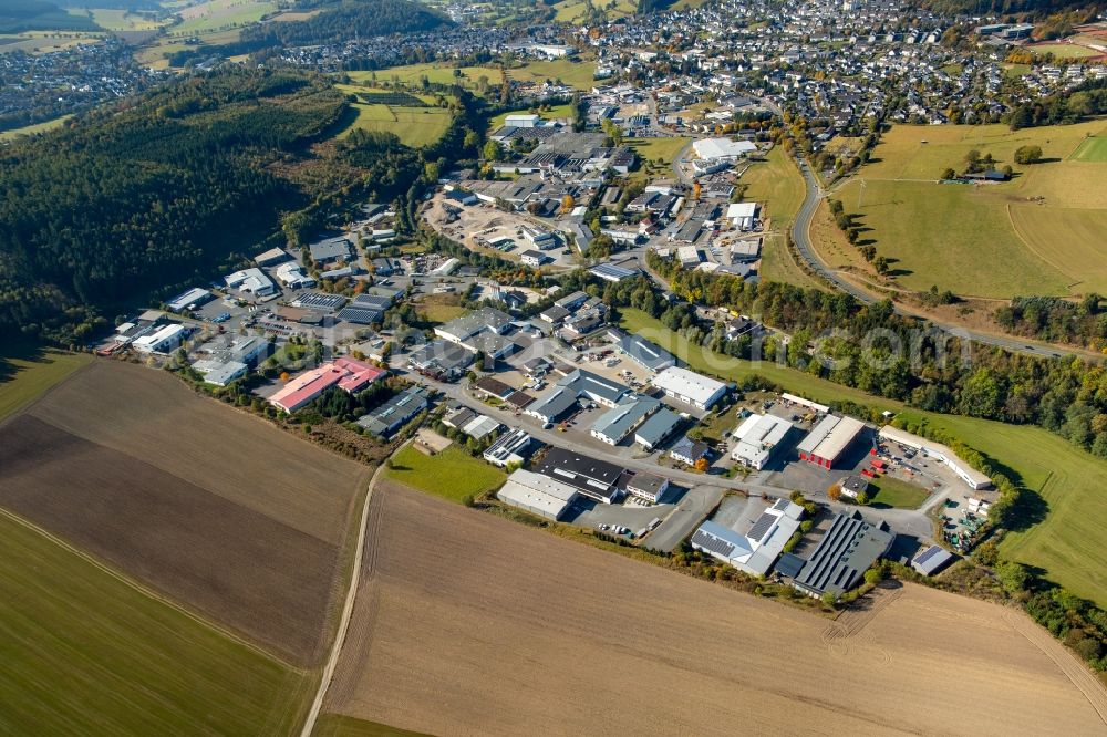 Schmallenberg from the bird's eye view: Industrial estate in Braucke - Huenegraeben in Schmallenberg in the state North Rhine-Westphalia