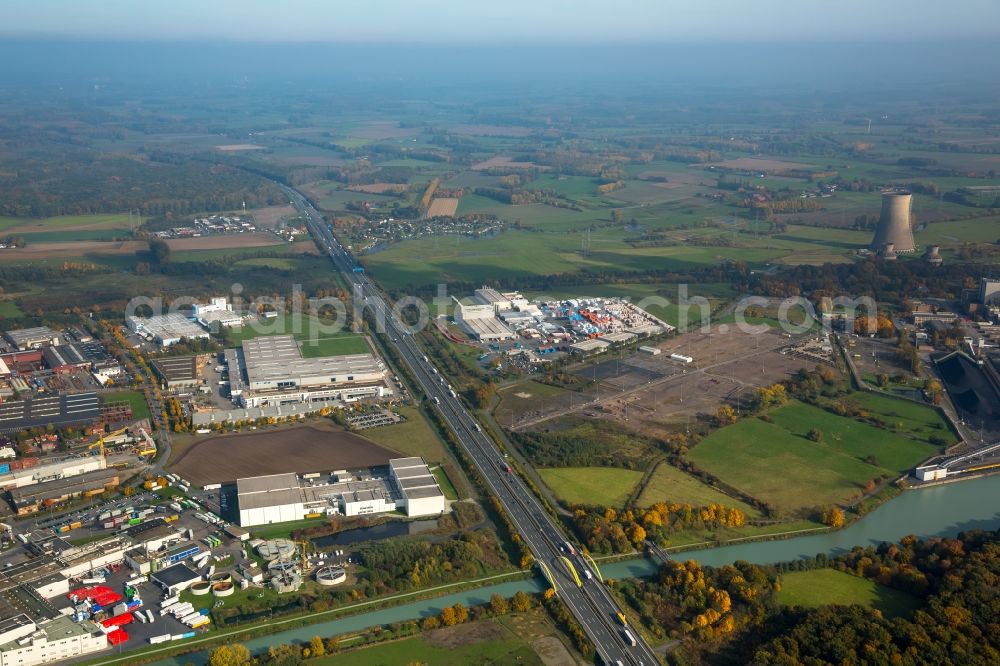 Hamm from above - Commercial park Schmehausen near the coal power plant of RWE Power in the Uentrop part of Hamm and course of the federal motorway A2 in the state of North Rhine-Westphalia