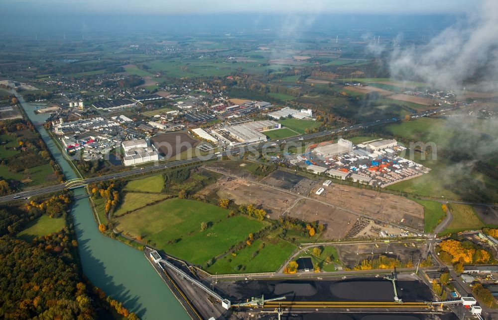 Hamm from above - Commercial park Schmehausen near the coal power plant of RWE Power in the Uentrop part of Hamm and course of the federal motorway A2 in the state of North Rhine-Westphalia