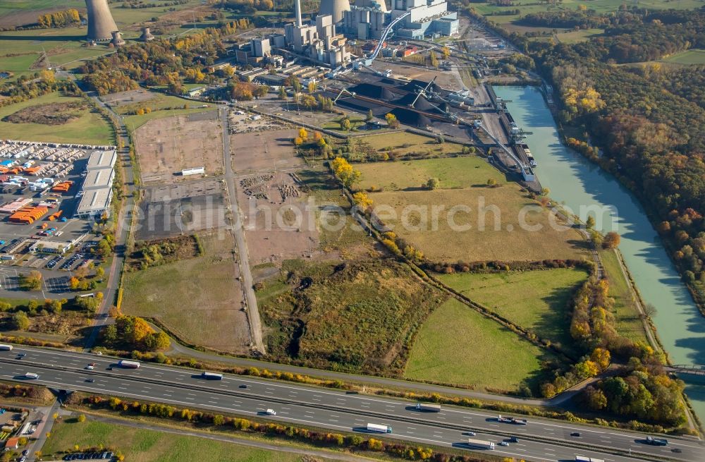 Aerial photograph Hamm - Commercial park Schmehausen near the coal power plant of RWE Power in the Uentrop part of Hamm and course of the federal motorway A2 in the state of North Rhine-Westphalia