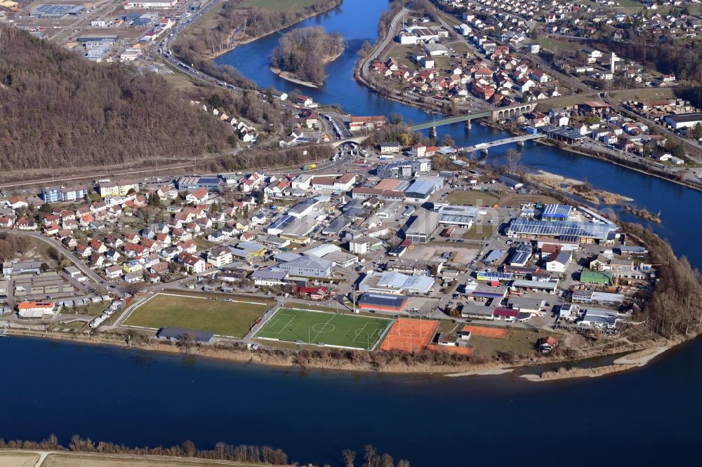 Waldshut-Tiengen from above - Industrial estate and company settlement Schmittenau at the river Rhine in Waldshut-Tiengen in the state Baden-Wurttemberg, Germany