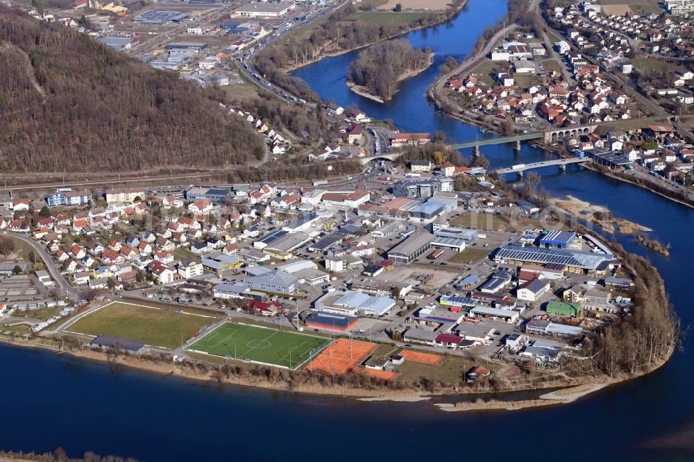 Waldshut-Tiengen from the bird's eye view: Industrial estate and company settlement Schmittenau at the river Rhine in Waldshut-Tiengen in the state Baden-Wurttemberg, Germany