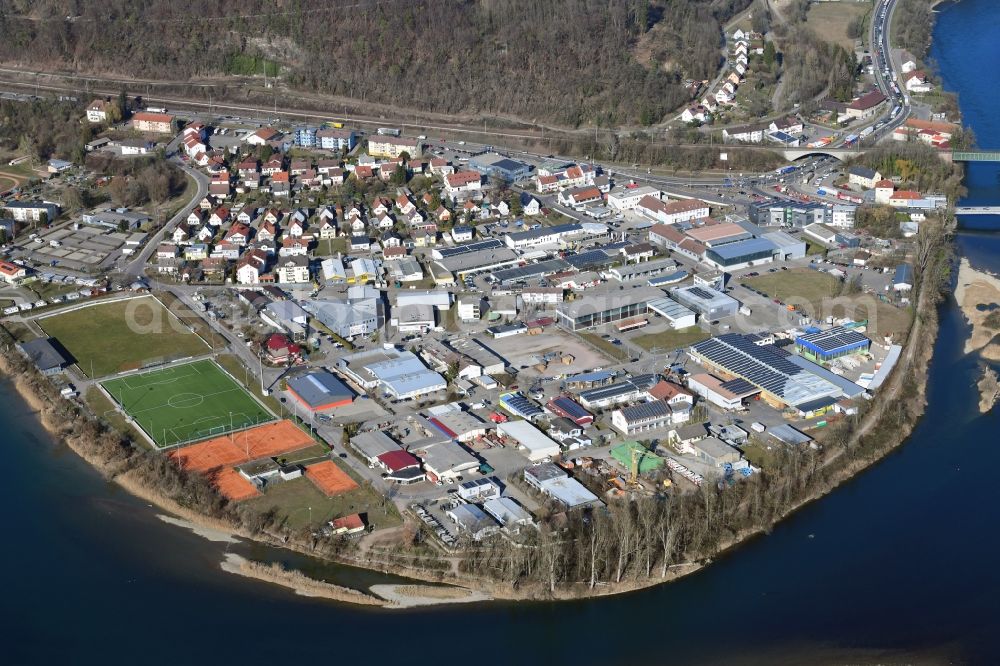 Aerial image Waldshut-Tiengen - Industrial estate and company settlement Schmittenau at the river Rhine in Waldshut-Tiengen in the state Baden-Wurttemberg, Germany