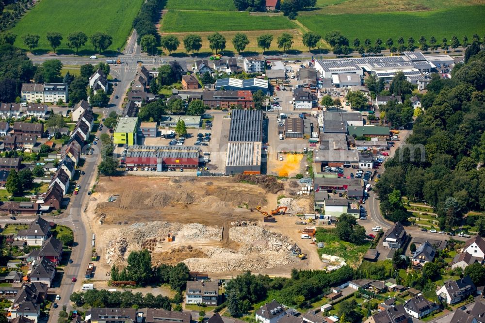 Bottrop from the bird's eye view: Commercial area and destruction of the former meat factory on Mengende-Area in Bottrop in the state of North Rhine-Westphalia