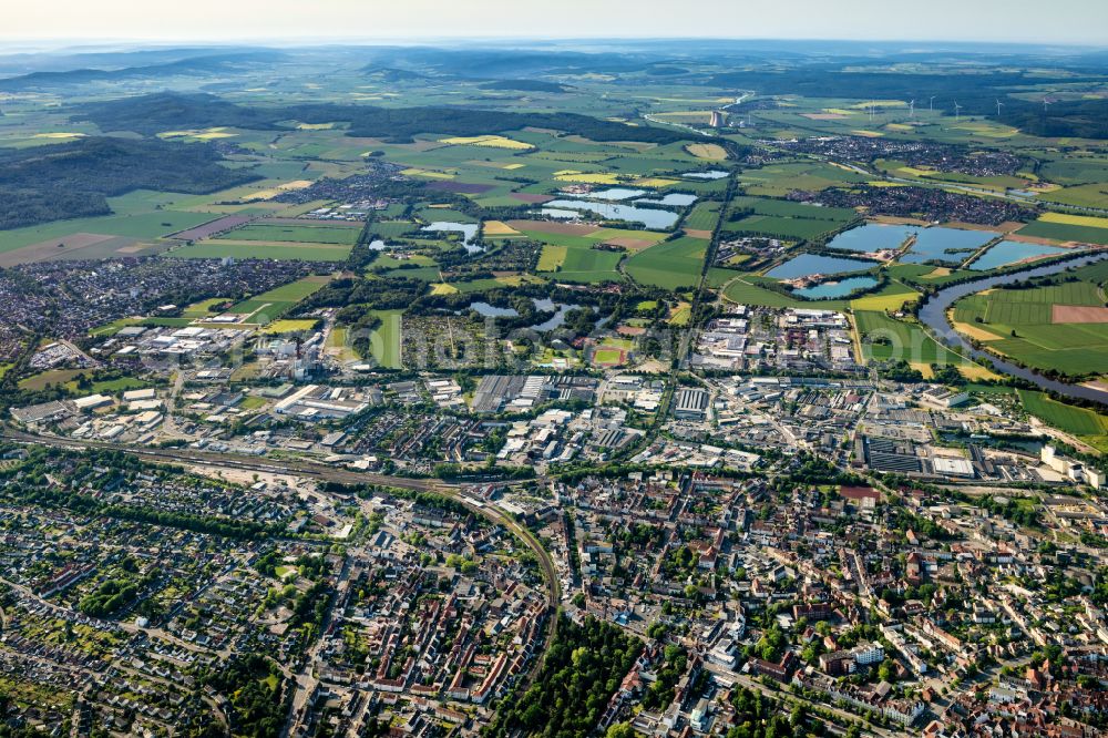 Hameln from above - Industrial estate and company settlement Suedstadt on street Stuevestrasse in Hameln in the state Lower Saxony, Germany