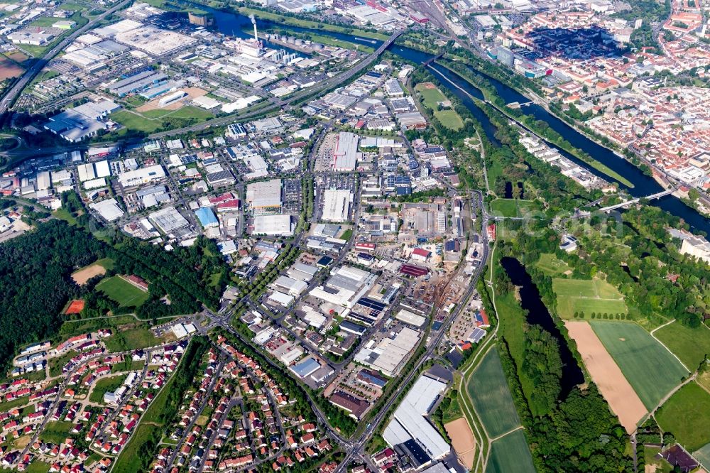 Aerial image Sennfeld - Industrial estate and company settlement Sennfeld West near the river Main in Sennfeld in the state Bavaria, Germany