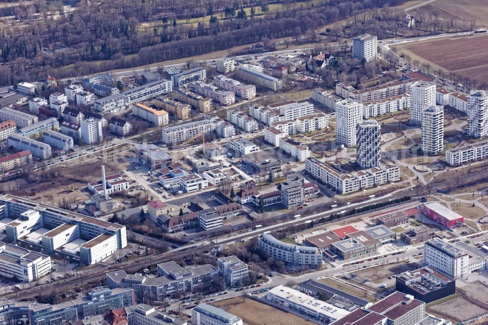 München from above - Industrial estate in the district Thalkirchen-Obersendling-Forstenried-Fuerstenried-Solln in Munich in the state Bavaria