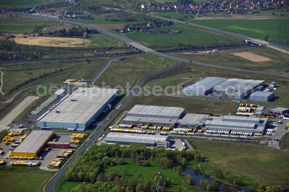 Wustermark from above - Commercial area with the freight forwarding and logistics center DHL hub distribution center Wustermark in the state of Brandenburg