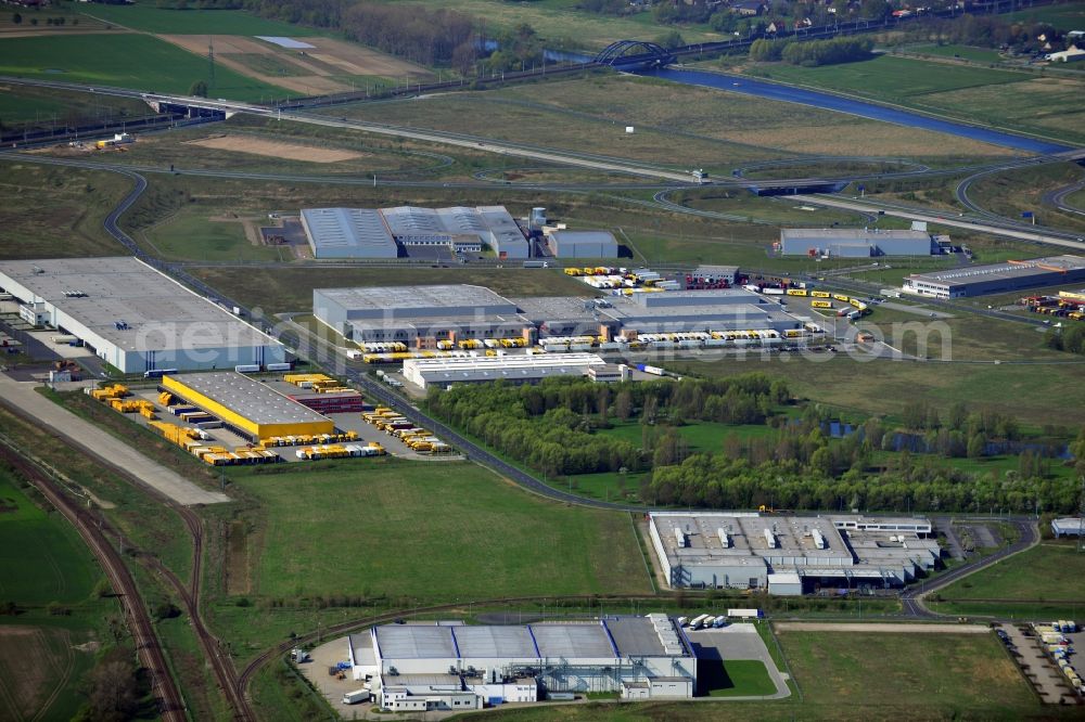 Aerial image Wustermark - Commercial area with the freight forwarding and logistics center DHL hub distribution center Wustermark in the state of Brandenburg