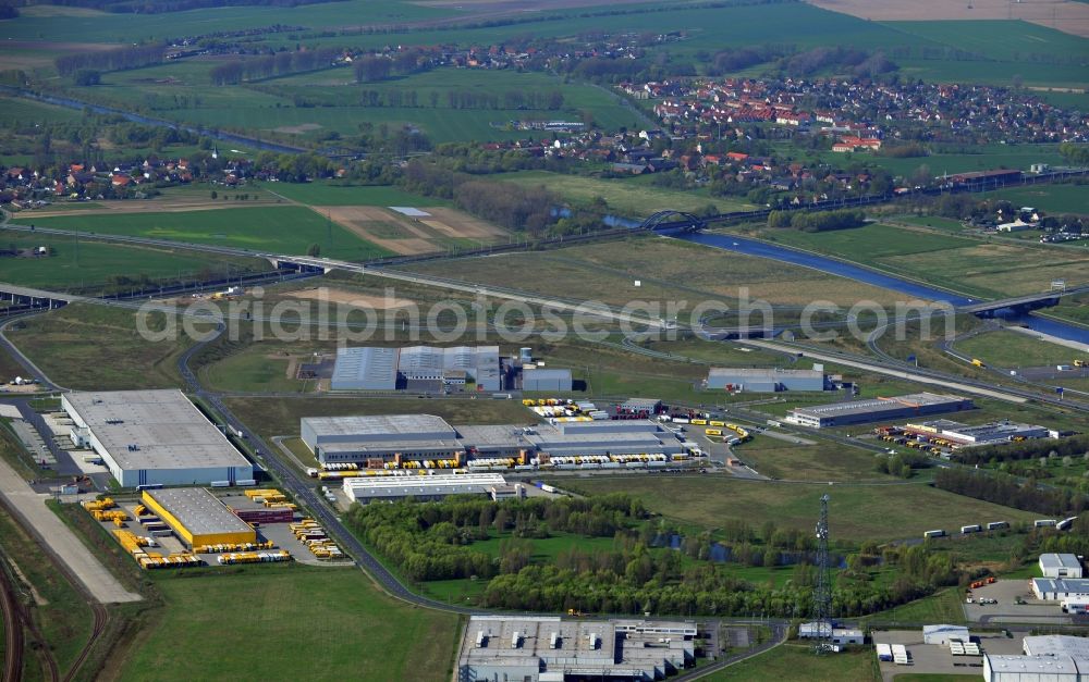 Aerial photograph Wustermark - Commercial area with the freight forwarding and logistics center DHL hub distribution center Wustermark in the state of Brandenburg