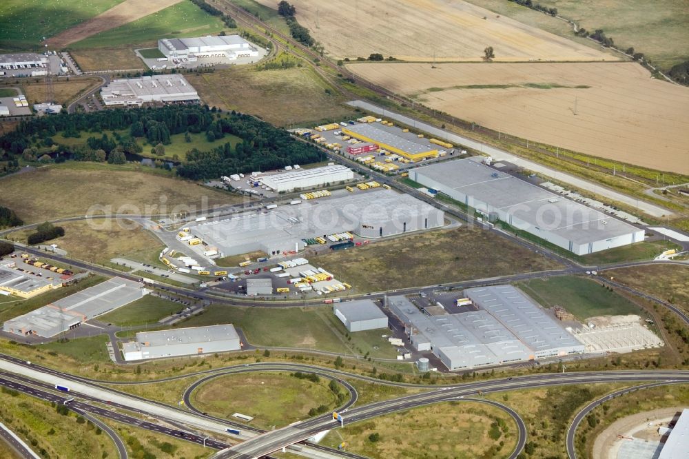 Aerial photograph Wustermark - Commercial area with the freight forwarding and logistics center DHL hub distribution center Wustermark in the state of Brandenburg